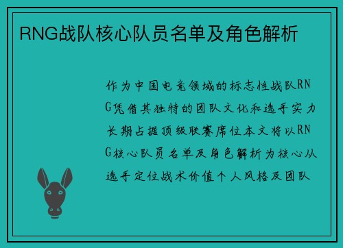 RNG战队核心队员名单及角色解析
