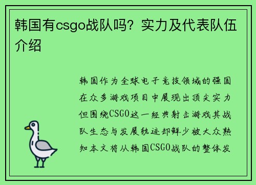韩国有csgo战队吗？实力及代表队伍介绍