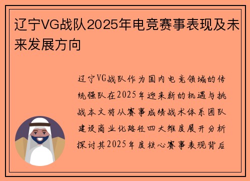 辽宁VG战队2025年电竞赛事表现及未来发展方向