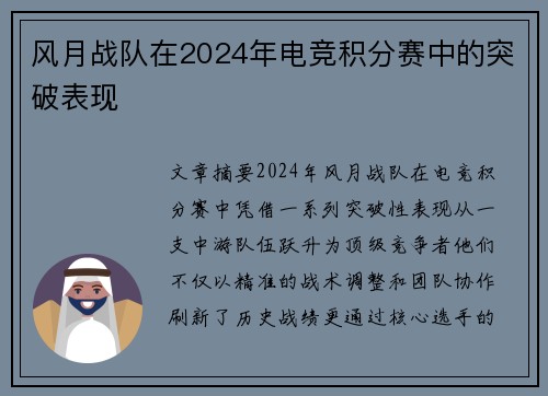 风月战队在2024年电竞积分赛中的突破表现