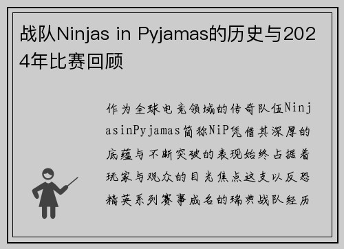 战队Ninjas in Pyjamas的历史与2024年比赛回顾